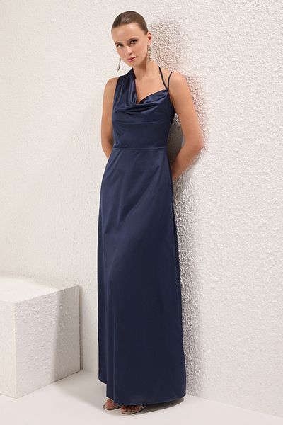 Trendyol Collection Sötétkék egyenes szoknya derékbőséges szőtt szatén maxi estélyi ruha és hazatérő ruha