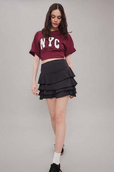 Trendyol Collection Fusta mini neagră elastică și cu volane - TWOSS25ET00088