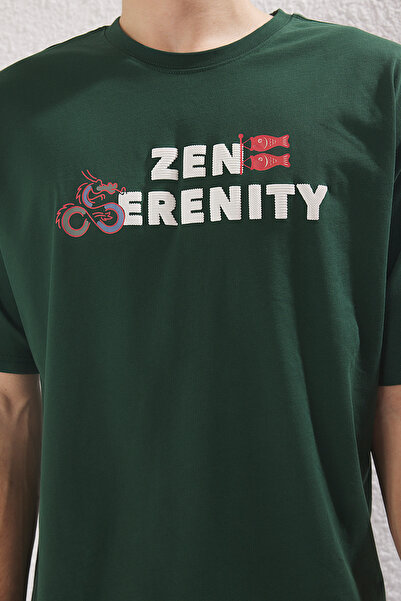 Trendyol Collection Σμαραγδένιο πράσινο υπερμεγέθη εμπριμέ βαμβακερό μπλουζάκι - TMNSS25TS00022