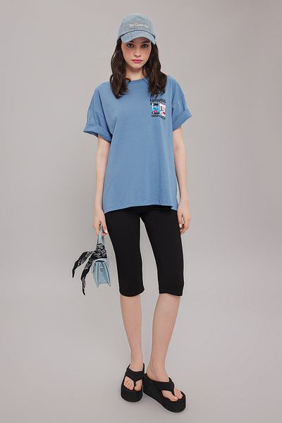 Trendyol Collection Tricou tricotat Indigo - 100% bumbac, potrivire largă, imprimat față și spate TWOSS25TS00073