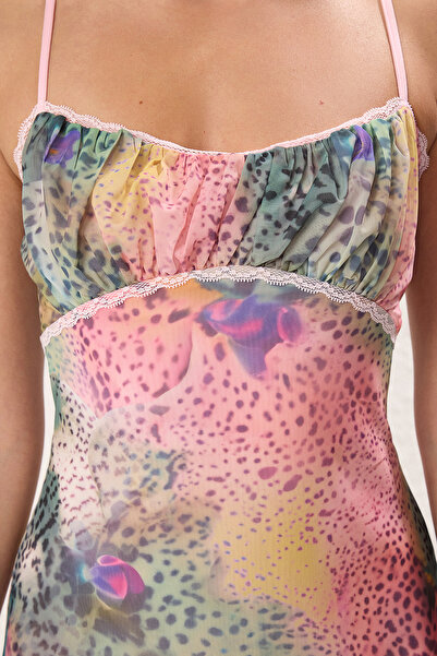 Trendyol Collection Multicolor Abstract Flounces / Ruffles Knitted Tulle Mini Lining Cocktail Dress