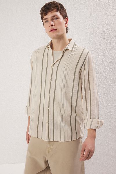 Trendyol Collection Πουκάμισο Premium Khaki Regular Fit με ριγέ λινό υφή TMNSS23GO00056