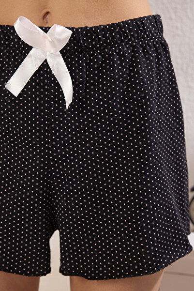 Trendyol Collection polka Dot Ribbon/bow Rope Strap pajama Set - powder-black, 100% Cotton THMSS24PT00320