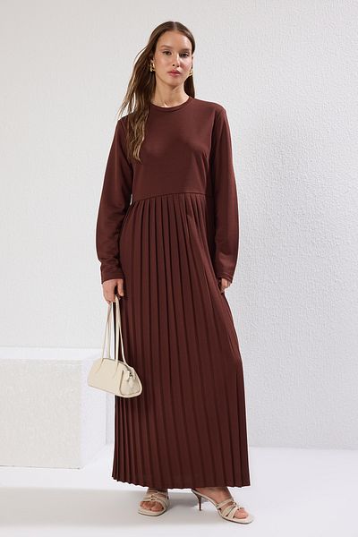 Trendyol Modest Καφέ Φούστα Πλισέ Scuba Πλεκτό Φόρεμα TCTAW24EL00000