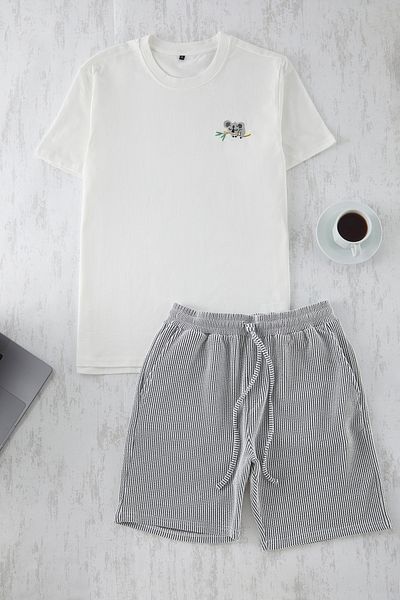Trendyol Collection Комплект плетена унисекс пижама Ecru Koala с бродирани райета - черна стандартна кройка TMNSS25PT00007