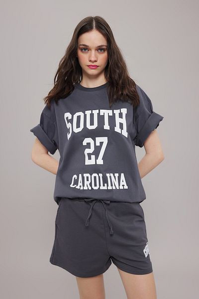 Trendyol Collection Anthracite Slogan 100% Cotton Wide Cut Shorts Set - Twoss25Au00039