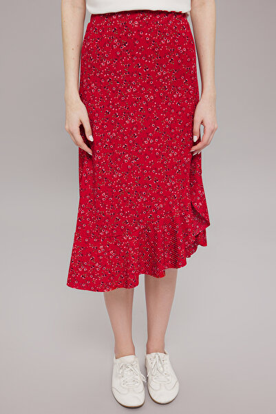 Trendyol Collection Bordó nyomott magas derekú rugalmas szoknya összegyűjtött részletekkel és hullámmal TWOSS21ET0029