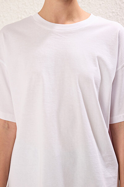 Trendyol Collection Tricou tricotat supradimensionat/largi, cu detaliu din popelin cu dungi alb, roz TWOSS24TS00006