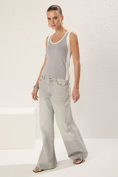 Trendyol Collection Light Premium Knitwear Thin Blouse - Gray Color Block, Custom Yarn Twoss25Bz00308