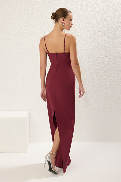 Trendyol Collection Vínové tkané Maxi večerní šaty a promoce Tprss25Ae00098