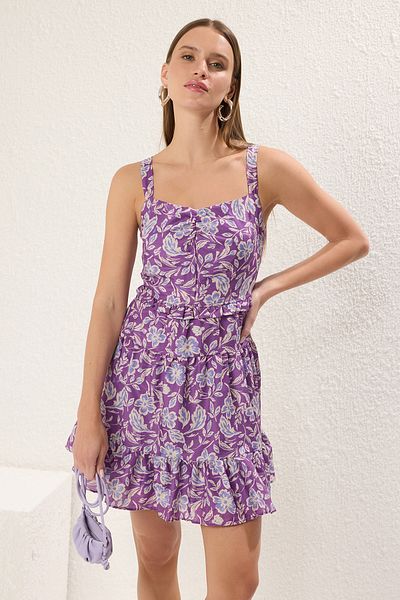 Trendyol Collection Rochie mov cu flori în linie A mini țesută TWOSS25EL00189