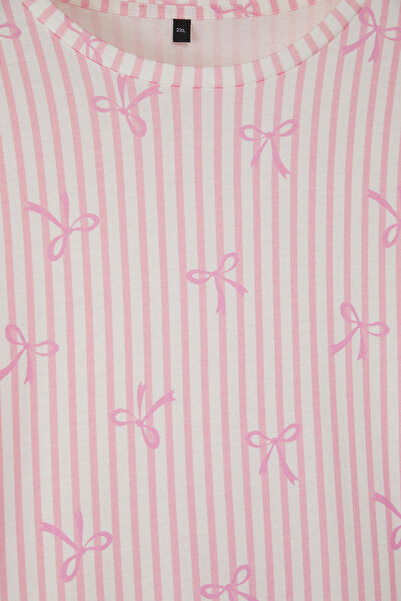 Trendyol Curve 2 csomag szürke-rózsaszín kötött hálóing - masni/szalag mintás TBBSS25CH00008