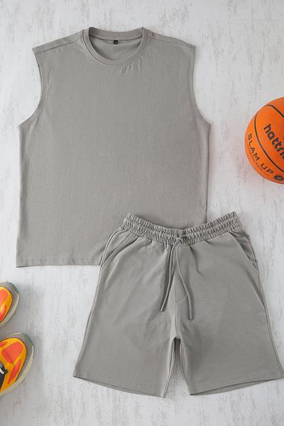 Trendyol Collection Γκρι Σετ φόρμας 2 τεμαχίων Oversize/Wide Cut Tank-Shorts 100% βαμβάκι