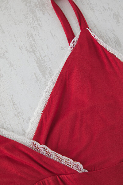 Trendyol Curve Viscose Tile Color Pajamas Set - V-Neck, Lace Tbbss25Ai00042