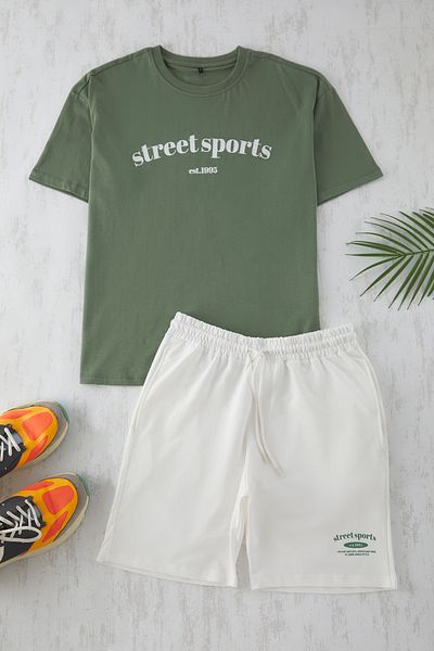 Trendyol Collection 2-teiliges Oversize-Trainingsanzug-Set in Smaragdgrün-Ecru – Shorts und T-Shirts aus 100 % Baumwolle