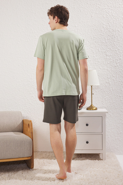Trendyol Collection Khaki Regular Fit Slogan Printed Knitted Pajamas Set with Bottom Textured Shorts Tmnss25Pt00023