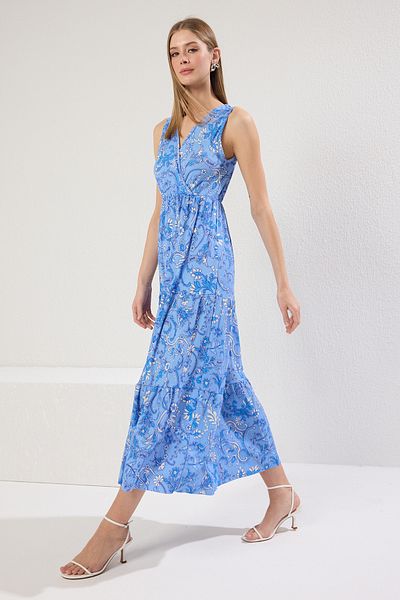 Trendyol Collection Rochie tricotată în formă de A, fără mâneci, cu decolteu în V, cu imprimeu albastru TWOSS22EL1588
