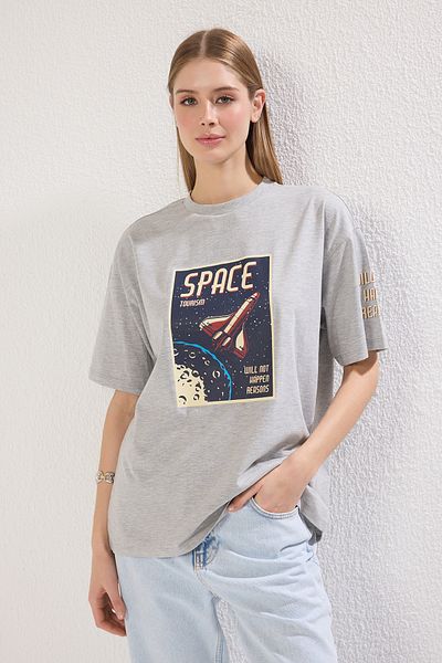 Trendyol Collection Space Printed Gray Oversize Cotton T-Shirt - Twoss21Ts3663