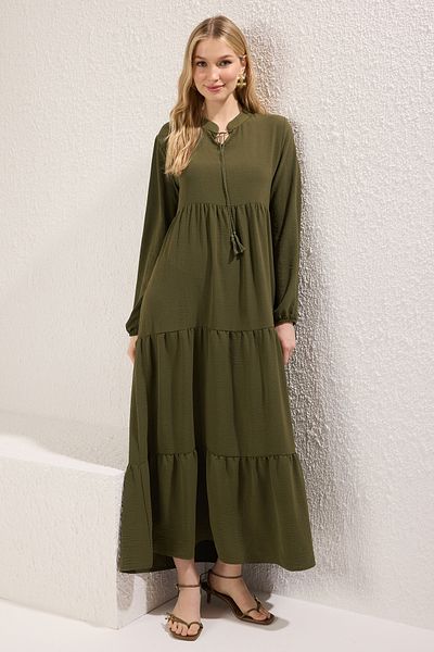 Trendyol Modest Khaki Tassel Lacing Detail Woven Dress Tctss24Eb00260