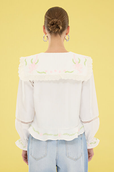 Trendyol Collection Ecru V-Neck Embroidery Detail Ruffle Shirt Twoss25Go00103