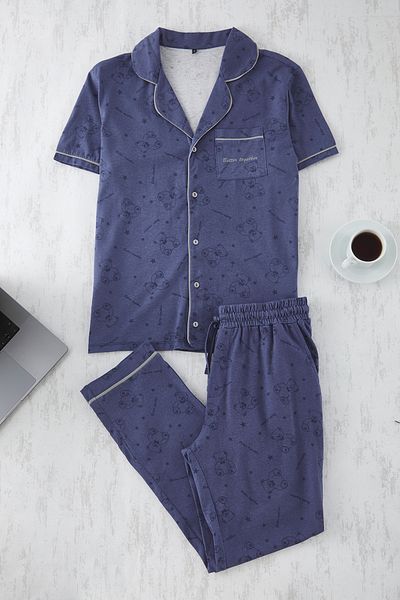 Trendyol Collection Anthrazitfarbenes, gestricktes Pyjama-Set aus 100 % Baumwolle mit Teddybär-Aufdruck für Paare/Paare TMNSS25PT00053