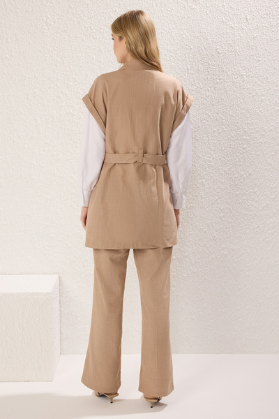 Trendyol Modest Camel Linen Look Girdle Detailed Vest-Pants Woven Top and Bottom Set Tctss25Us00025