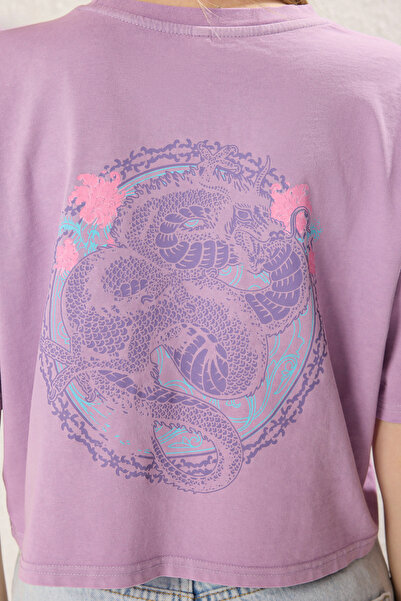 Trendyol Collection Lilac Crop Crew Neck T-Shirt - 100% Cotton, Back Print, Faded Effect Twoss23Ts00116