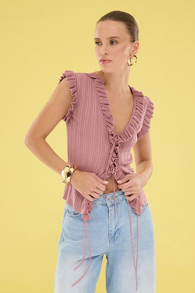 Trendyol Collection Πλεκτό Dusty Rose Ruffle Λεπτή μπλούζα TWOSS25BZ00313