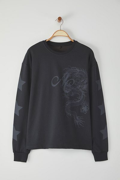 Trendyol Collection Φούτερ με στάμπα Dragon Anthracite Oversize - Crew Neck TMNSS25SW00007