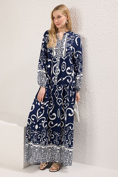 Trendyol Modest Indigo Patterned Viscose Woven Dress Tctss24Eb00221