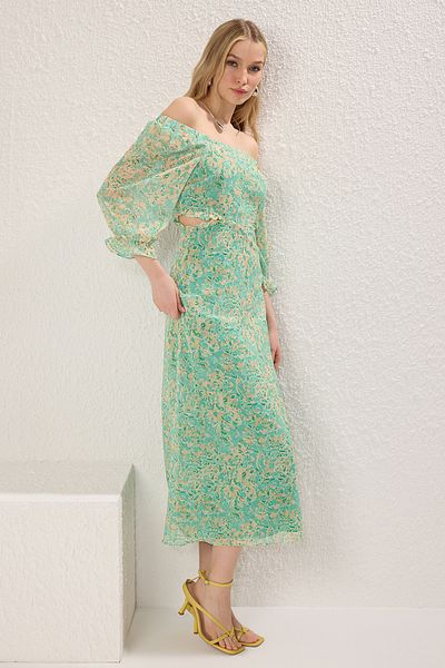 Trendyol Collection Μέντα Floral Cut Out / Φόρεμα Maxi Woven με βολάν TWOSS23EL02422