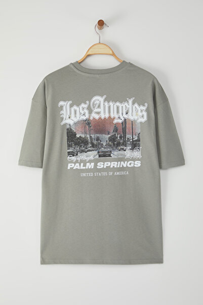 Trendyol Collection Šedé oversize bavlněné tričko s potiskem Los Angeles - TMNSS23TS00168