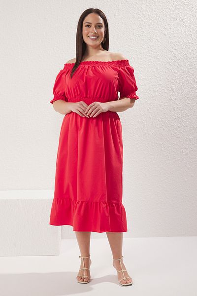 Trendyol Curve Pomegranate Flower Woven Gathered Carmen Collar Dress Tbbss22El1633