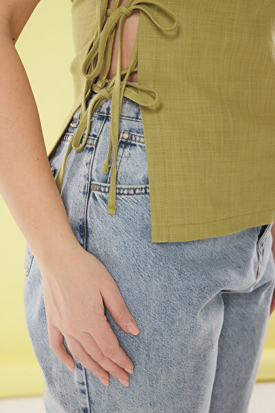 Trendyol Curve Khaki Linen-Cotton Content Woven with Side Laces Large Size Blouse Tbbss25Af00077