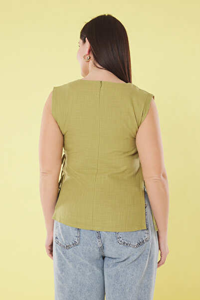 Trendyol Curve Khaki Linen-Cotton Content Woven with Side Laces Large Size Blouse Tbbss25Af00077