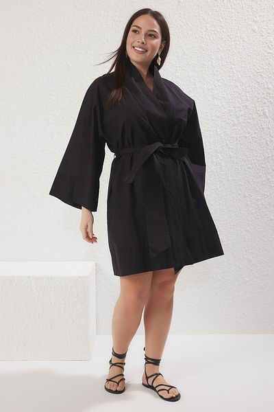 Trendyol Curve Plus Size Black Belted 100% Cotton Kimono & Kaftan - Tbbss25De00000
