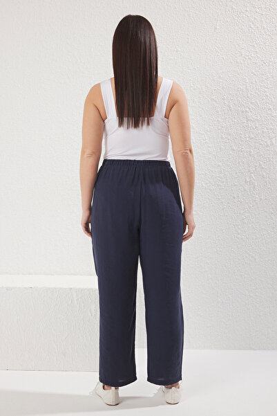 Trendyol Curve Navy Blue Rubber Waisted Pocket Cordon Soft Woven Plus Size Pants Tbbss25Ar00025