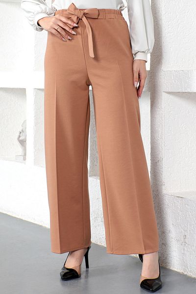 Tesettür Dünyası Hose mit weitem Bein und elastischer Taille Tsd230109 Hellbraun