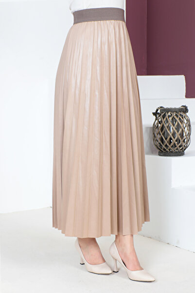 Tesettür Dünyası Skládaná sukně koženého vzhledu TSD221001 Mink