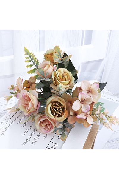 Choice Coffee Green Beautiful Roses Autumn Artificial Flowers Silk Peony Hydrangea Big Bride Bouquet Weddin
