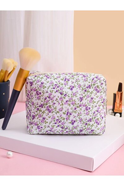 Choice منظم تخزين أرجواني، حقائب مكياج مبطنة منفوخة مزينة بالزهور، حقيبة مستح...