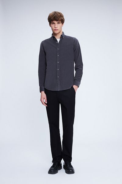 Hatemoğlu Γκρι Slim Fit 100% βαμβακερό γιακά με κουμπιά μακρυμάνικο κλασικό πουκάμισο