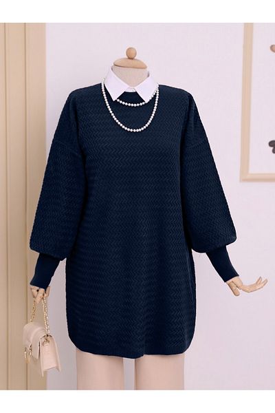 Modamorfo Zigzag Pattern Balloon Sleeve Knitwear Tunic and Navy
