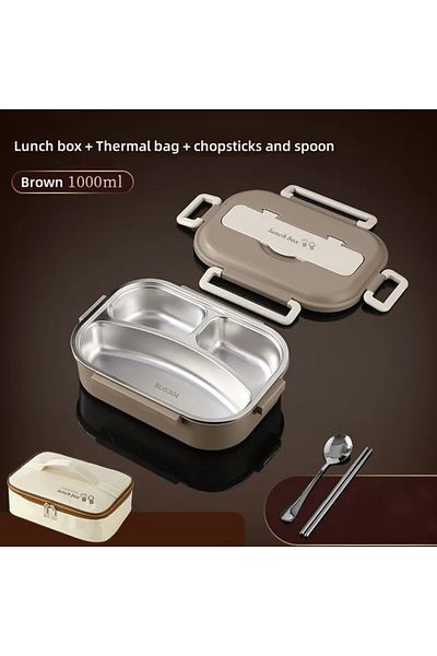 Choice 1000ml Brown 304 Stainless Steel Compartment Insulated Lunch Box Office Worker Students Sealed Porta