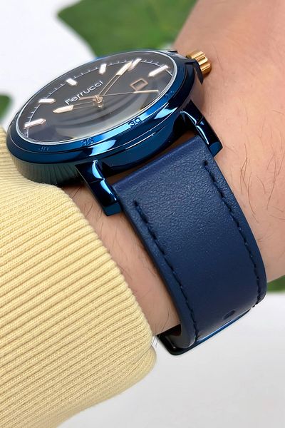 Ferrucci Leather Band Calendar Men's Wrist Watch with Bracelet Gift 3 Atm Water Resistant Navy Blue Zmfer1