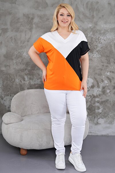 Siyezen Plus Size V-Neck Block Crossing Blouse