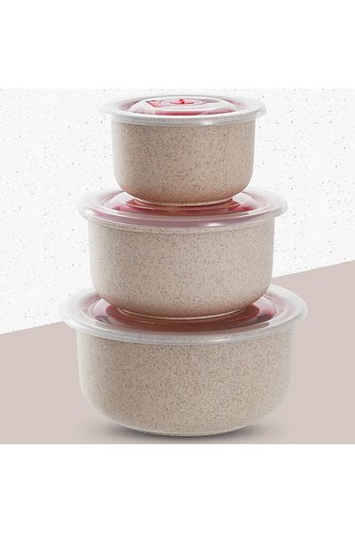 Choice 3pcs Beige 3pcs Wheat Straw Fresh-keeping Bowl Three-piece Set With Lid For Home Microwaveable Plast