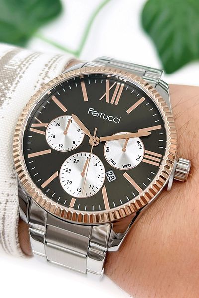 Ferrucci Men's Wristwatch with Calendar Silver-black Steel Strap 3atm Water Resistance Bracelet Gift