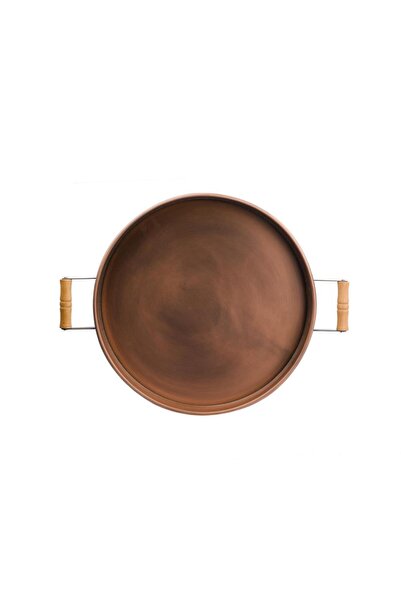 ÇIRPAN EV Galveniz Bakır Ahşap Kulplu Yuvarlak Tepsi 42cm