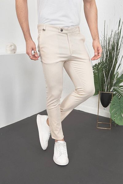 HBT Men's Cream Slim Fit Lycra Ankle Length Italian Cut Fabric Trousers